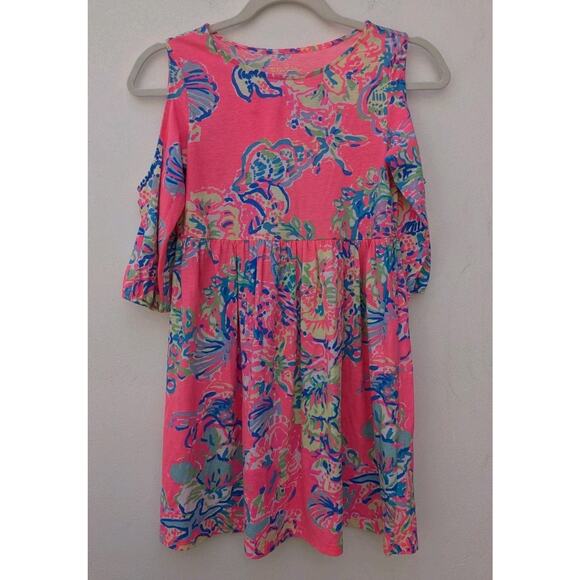 LILLY PULITZER Girl's Dress Cold Shoulder 3/4 Sleeve Neon Pink Floral Size 8-10 - Picture 2 of 10
